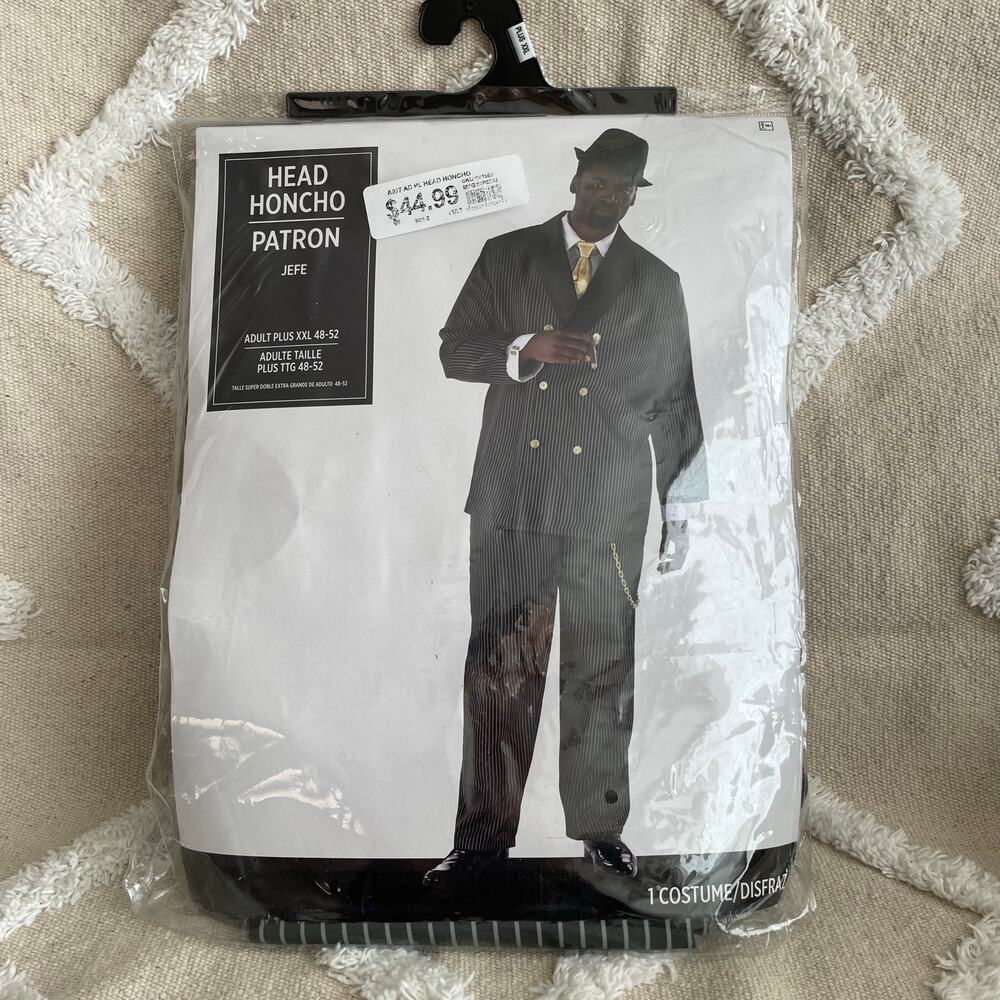 Head Honcho Pinstripe Gangster Costume 3 Piece Black Men's XXL Size 48-52 NWT